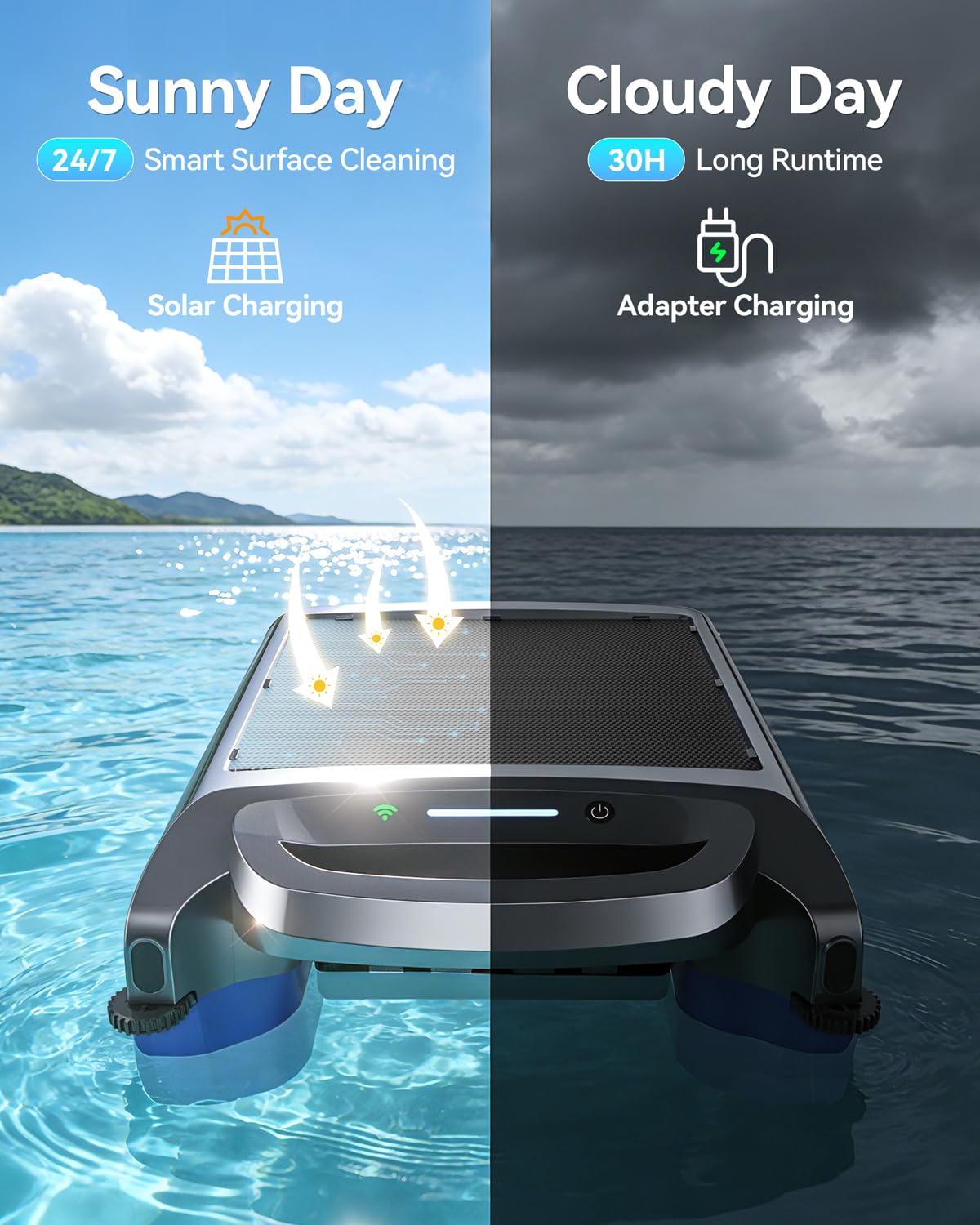 Poofata 2026 New V1T Solar Pool Skimmer, Robotic Pool Surface Skimmer Cleaner with App Control, 7L Large Basket 24/7 Cleaning Smart Obstacle Avoidance Dual Charging Options Ideal for Above Ground Pool