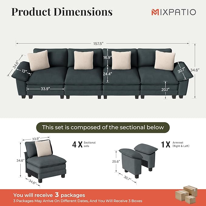 MIXPATIO 157.5" Cloud Modular Sectional Sofa, 4-Seater w/Deep Seat & Removable Arms, Plush Chenille for Living Room - Cyan