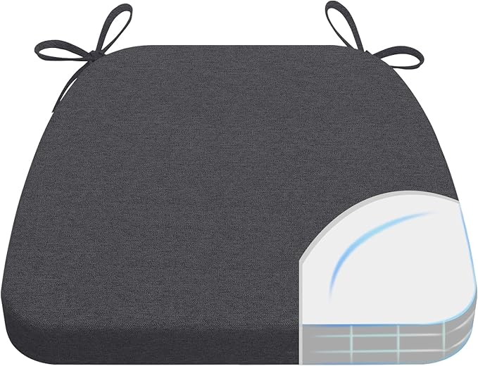 AAAAAcessories D-Shaped Chair Cushions, 2" Thick Dining Chair Pads with Ties and Removable, Machine-Washable Cover, 17" x 16", Dark Grey