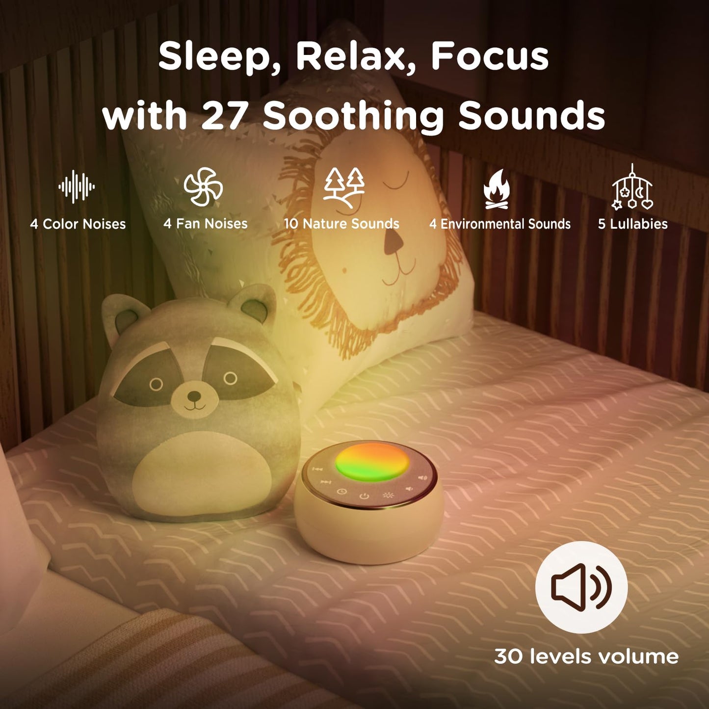 Peakeep White Noise Portable Sound Machine Sleeping Light for Adults Baby, Loud Clear Speaker, 25 Hours Continuous Audio 27 Noise Fan Nature No-looping Sounds, 30 Volume, Battery Operated