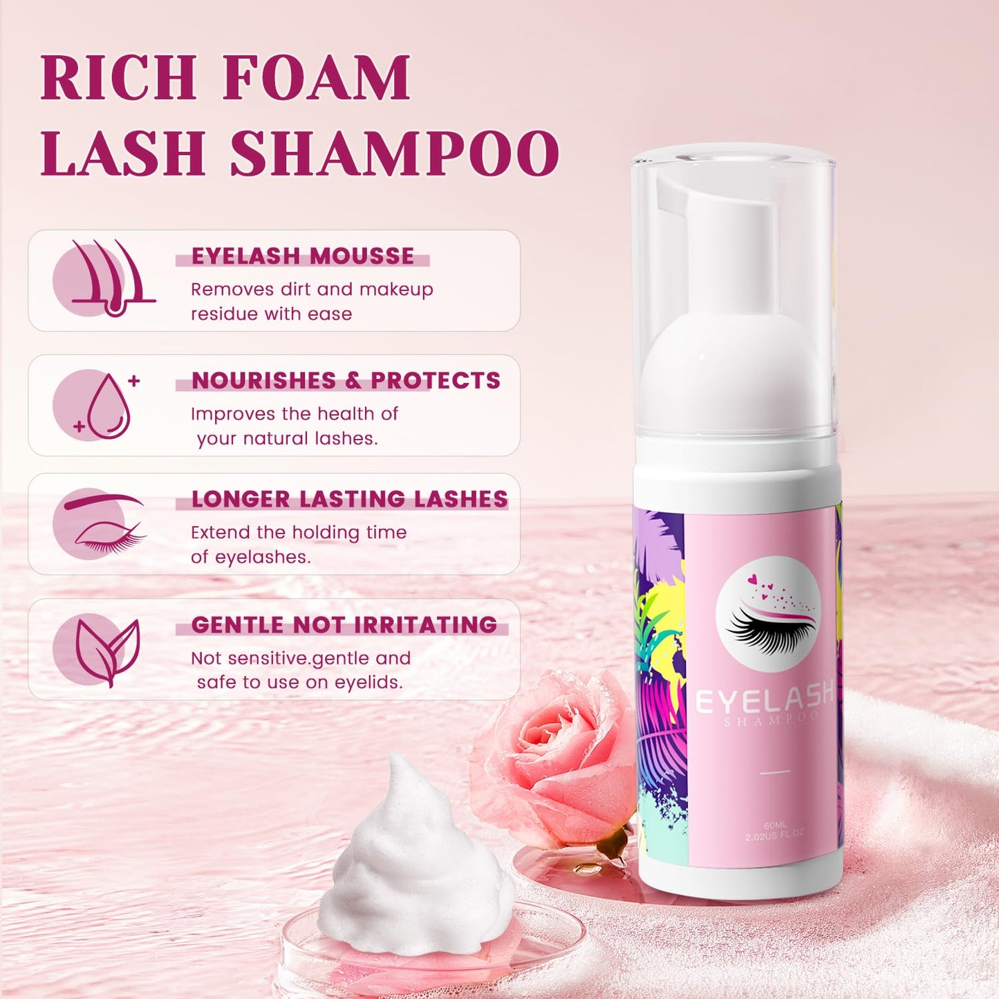 Buqikma Lash Shampoo Kit - Lash Cleaning for Eyelash Extension, 60Ml/2.11fl.Oz Eyelash with Lash Shampoo Brushes Gentle Lash Ext