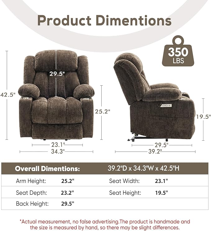 ABCASA Large Power Lift Chairs Recliners for Elderly Set of 2 with Heated and Massage, Upgraded Chenille Lift Chairs Recliners, USB-A and USB-C, Cup Holder, Side Pocket, Brown
