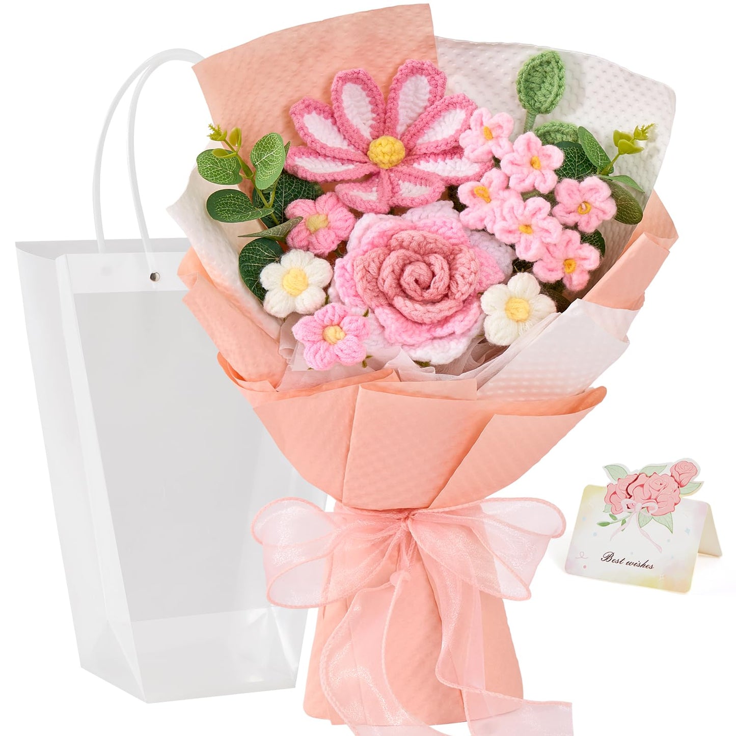 Alecono Crochet Flower Bouquet, Knitted Flowers, Pink Handmade Bouquet of Flowers for Lover Anniversary Birthday Party Mother's Day Graduation Gifts (Include Card)