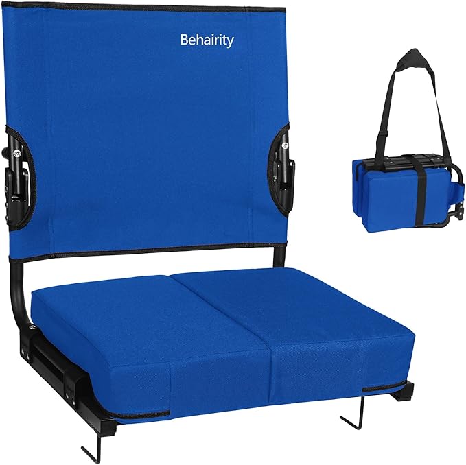 behairity Portable Stadium Seat for Bleachers with Back Support, Wide Padded Bleacher Chair with High Back and Thick Cushion for Adults, Folding Stadium Chair for Football Sports Events (Blue)
