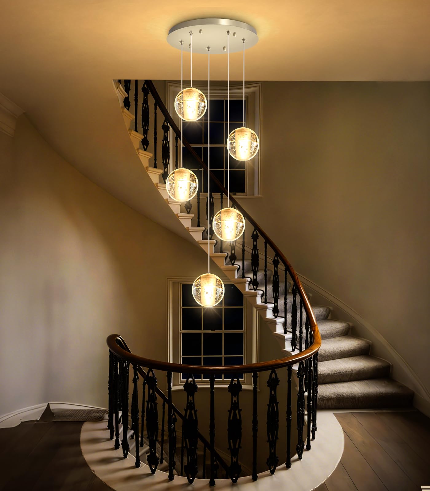 HAIXIANG 5 Lights Globe Chandelier Modern Crystal Glam Light LED Warm Light Pendant Lights for Dining Room Kitchen Island Brushed Nickel Lighting Fixture