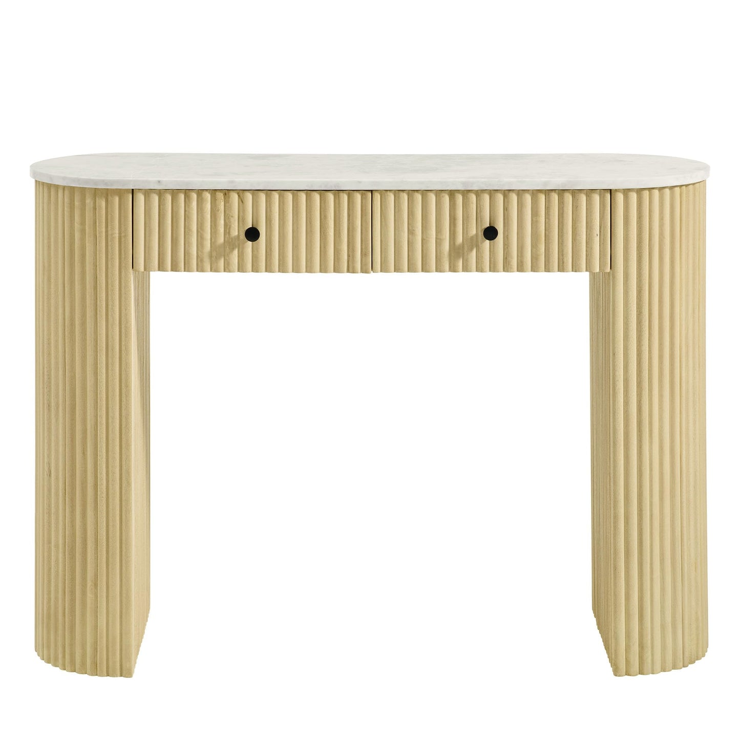 Modway Caldera 42-Inch Curved Solid Wood Fluted Console Table in Natural with Oval Marble Top – Narrow Entryway Table with 2 Drawers