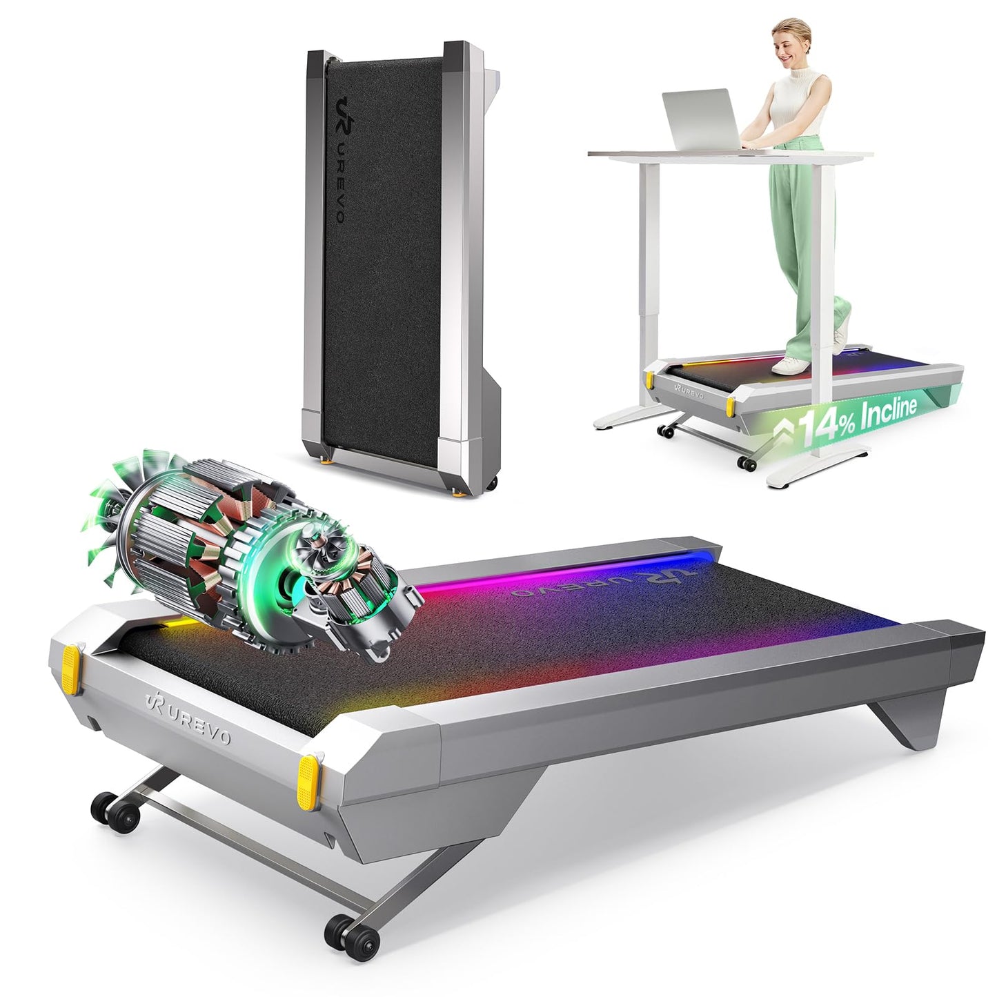 UREVO CyberPad Smart Walking Pad with 14% Auto Incline, Brushless Motorized Under Desk Treadmill for Office Fitness, Elegant Speed Lights, Spacious Surface, Digital Controller, AI-Powered App,Silver
