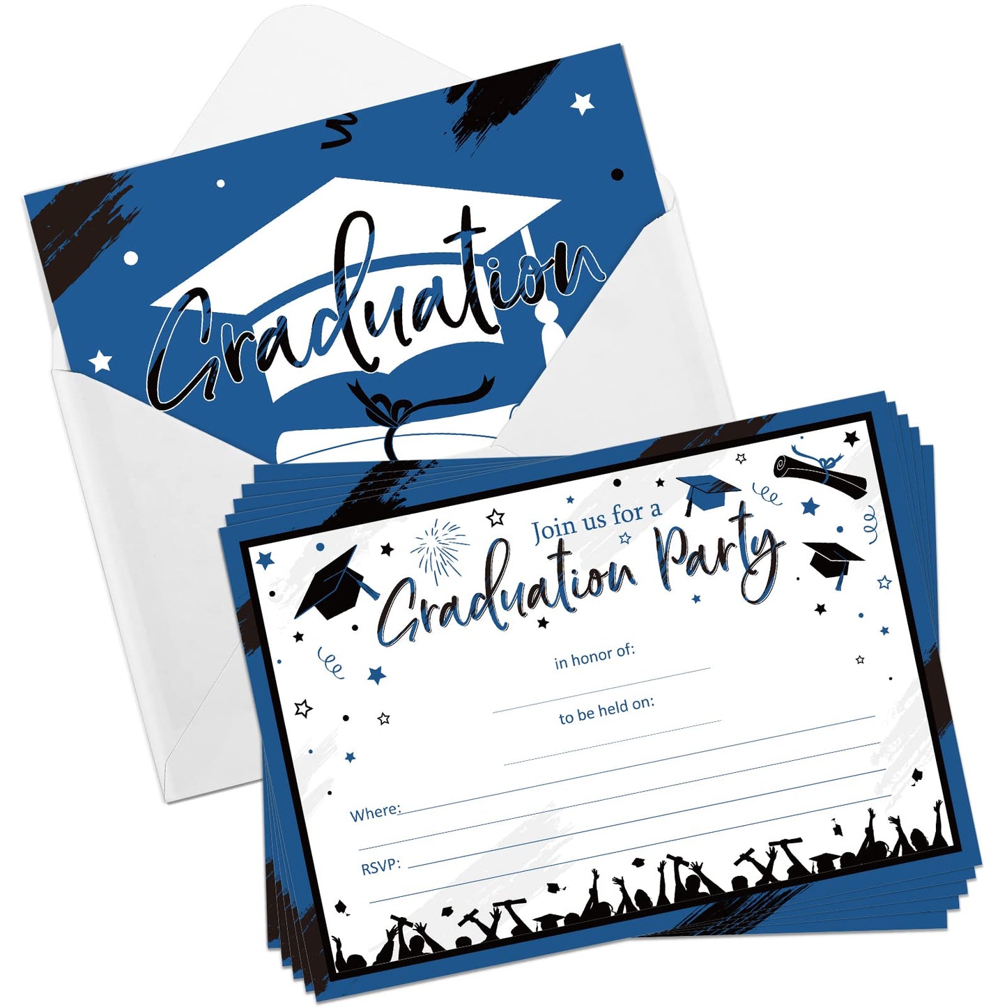 Yisong 30 Pcs Graduation Party Invitations Graduation Invite Cards with Envelopes Grad Announcement Cards for College High School University Grad Celebration Announcement Grad Party(Blue Black)