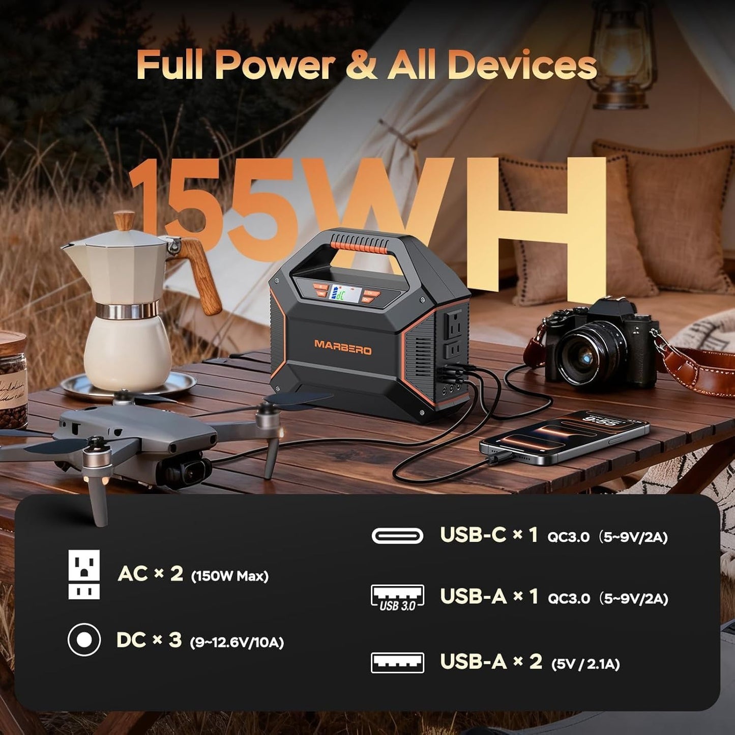 MARBERO 155Wh Solar Generator with 30W Solar Panel Portable Power Station 100W Multi-Output Built-in LED Flashlight & 6.5ft Cable Ultra Lightweight for Camping Emergency Blackout