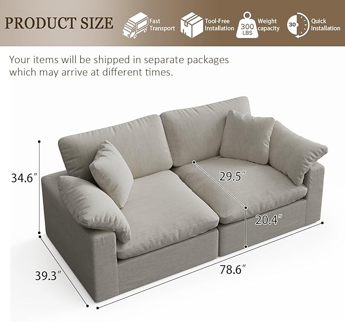 Forest aesthetics Modular Sectional Sofa Cloud Couch,78.6" Down Filled Comfy Cloud Modern Sofa,2 Seater with Light Beige Linen Couch Cushion Covers Removable Furniture for Living Room