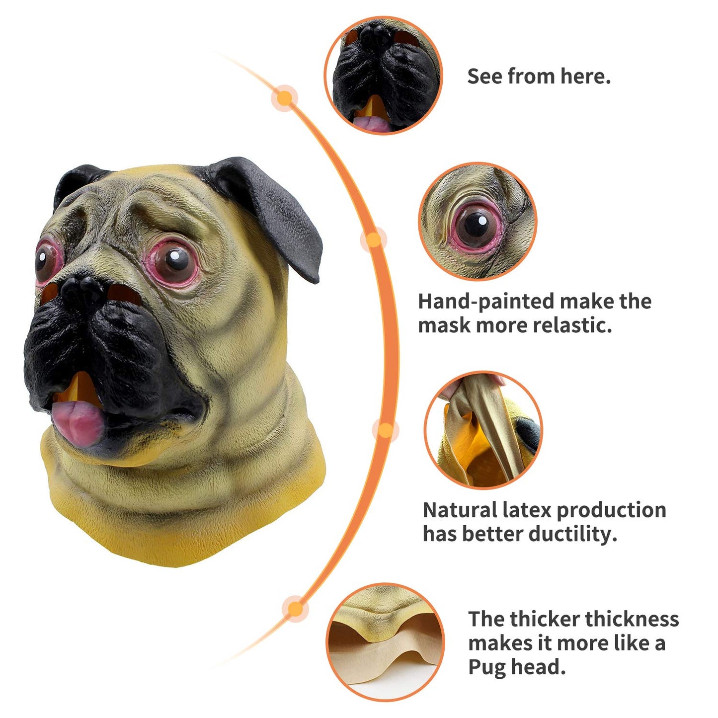 Dog Head Mask Halloween Party Dog Costume Masks Mask Underdog Costume Latex Animal Head Mask (Pug)