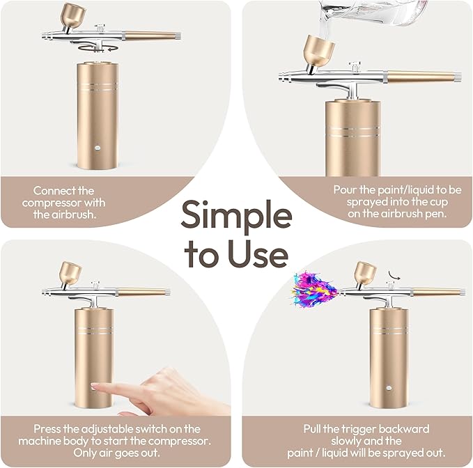 Airbrush Kit with Compressor 30PSI Portable Airbrush Gun Rechargeable Handheld Cordless Air Brush for Nails Art, Painting, Cake Decor, Cookie, Mode, Makeup, Barber (Gold)