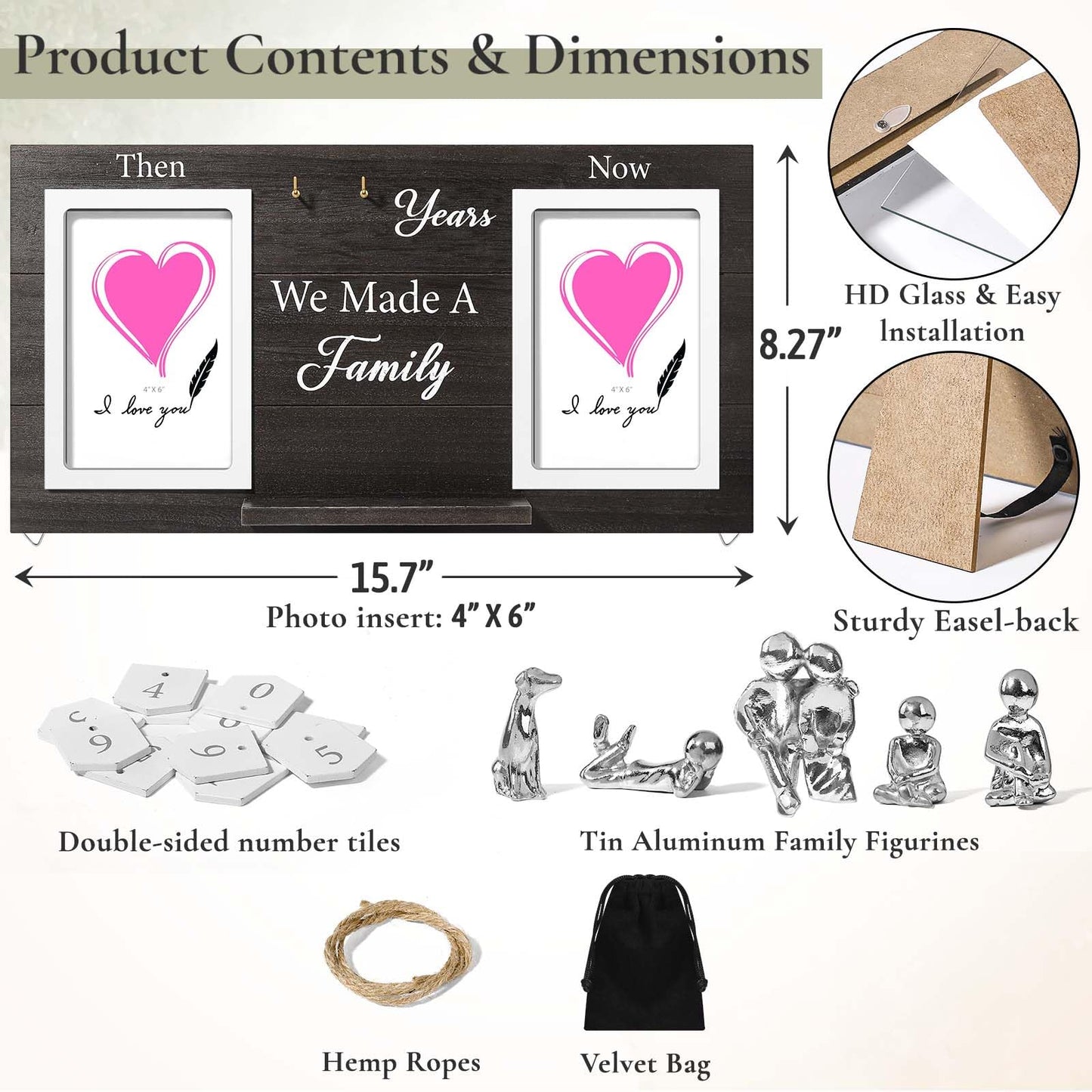 DREAMORIE Then & Now Anniversary Picture Frame with Tin Family Figurines – Rustic Wooden 10th Wedding Gift for Couples, Custom Number Tiles