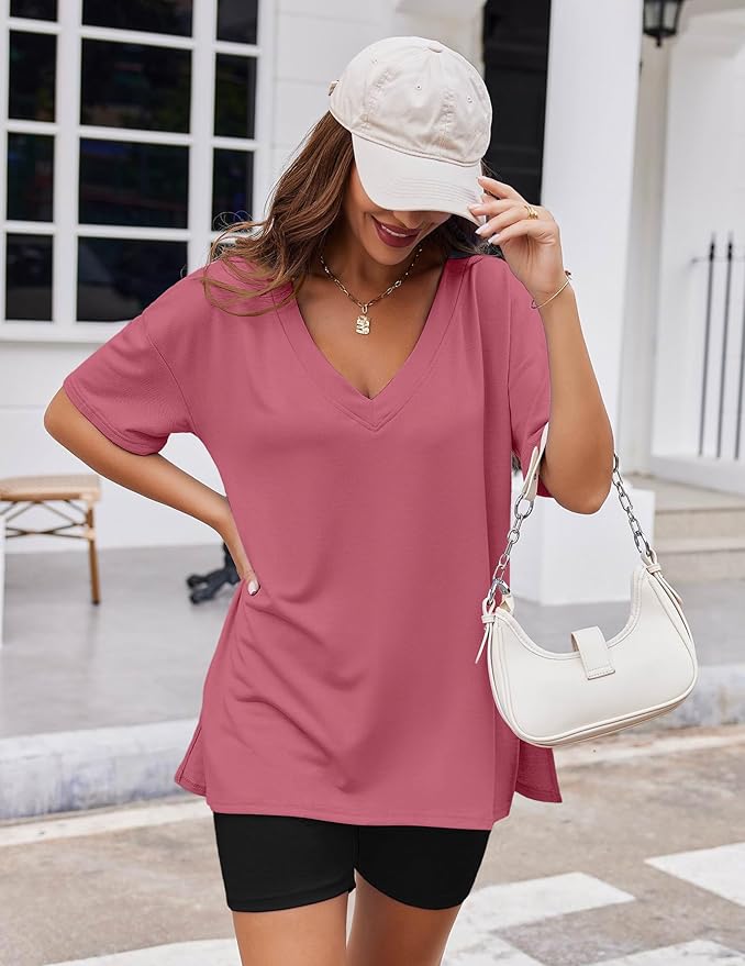 Ekouaer Womens Pajamas 2 Piece Lounge Sets Oversized V Neck T-Shirts Tops Biker Shorts Set Workout Reversible Tracksuit S-XXL