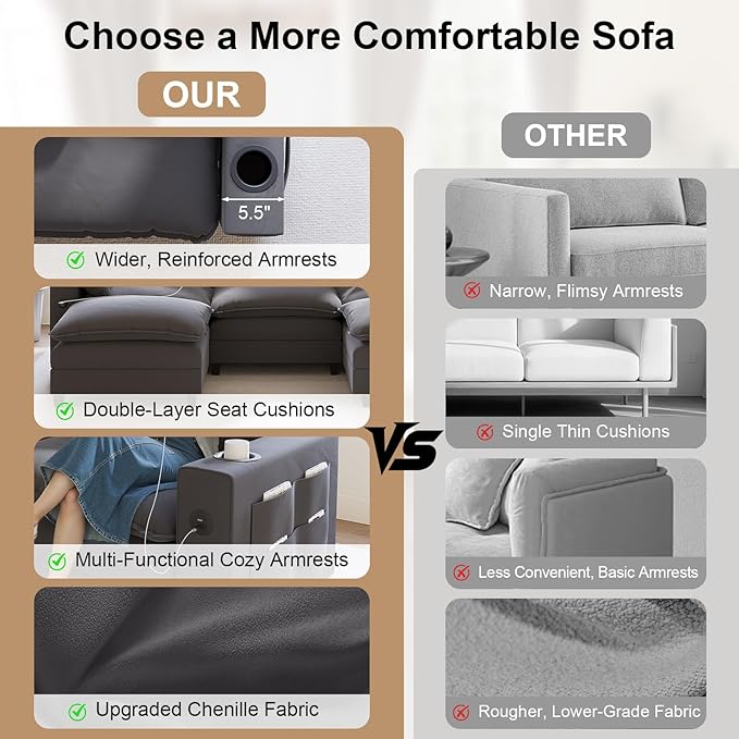 KCGKCG 80.7" Modular Sectional Sofa, L Shaped Cloud Couch with Movable Ottoman, Chenille Deep Seat Cloud Sofa with Charging Station, Cup Holder, Side Pocket, Sectional Couches for Living Room, Grey