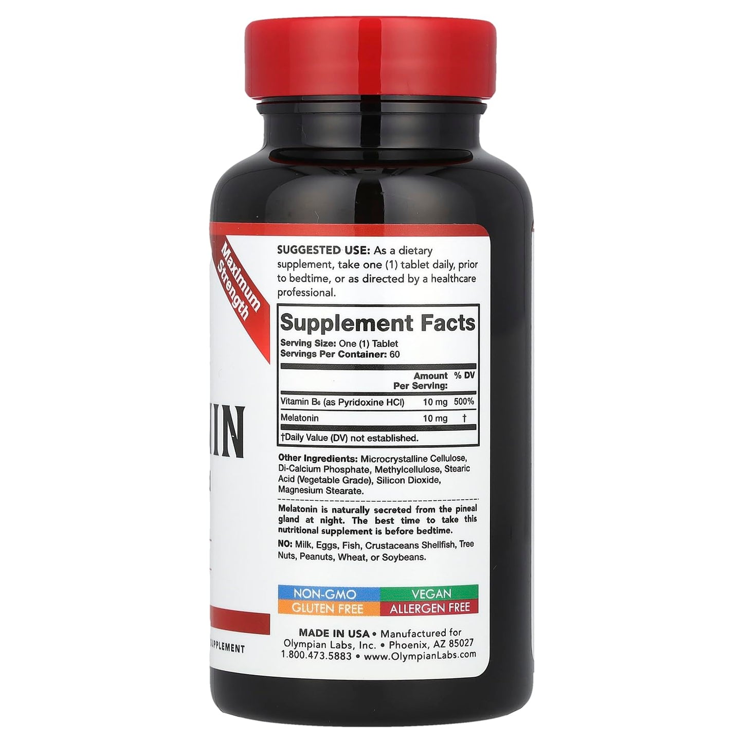 Olympian Labs Melatonin 10mg Time Release with Vitamin B6 - Maximum Strength Tablets - Drug-Free, Supports Restful Sleep, Nighttime Sleep Aid - 60 Vegan Tablets (60 Servings)