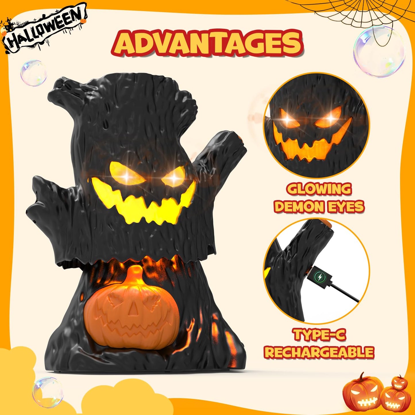 Halloween Bubble Machine, Haunted Stump Bubble Blower, USB Rechargeable, Wobbly Head Fun, Glow Eyes - Halloween Decorations Tree Toys Gifts for Kids, Boys, Girls