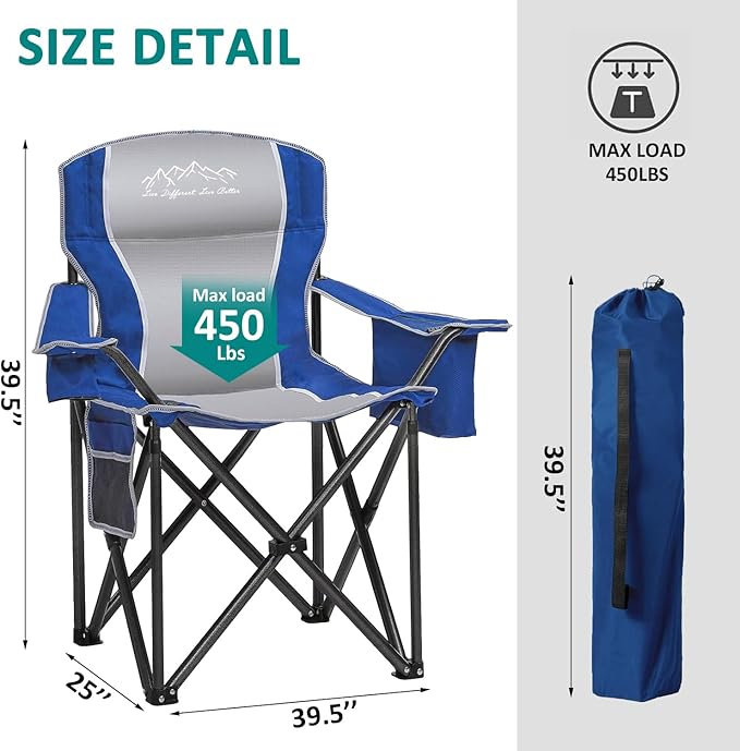 SAILARY Camping Chair Heavy Duty High Back Folding Chair with Cup Holder, 450lbs Capacity, Padded Seat, Cooler Bag & Storage Pocket, Portable for Outdoor, Beach, Fishing, Sports, Blue