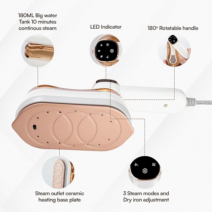 Mini Steamer, Portable Travel Steamer Iron with 3 Steam Modes, 180 Rotatable Handle, LED Indicator with Fast Heating Technology