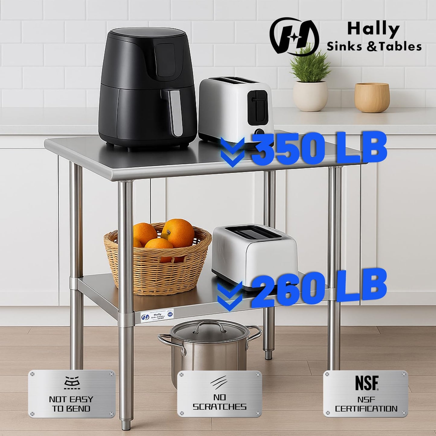 Hally Stainless Steel Table for Prep & Work 18 x 24 Inches, NSF Commercial Heavy Duty Table with Undershelf and Galvanized Legs for Restaurant, Home and Hotel