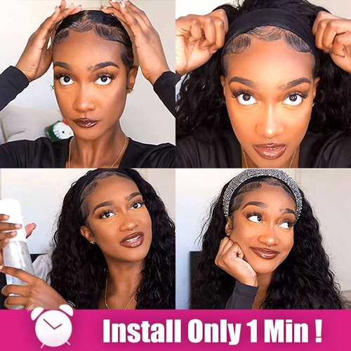 AISI QUEENS Headband Wig Human Hair For Black Women Curly Wigs Glueless Human Hair Short Curly Headband Wigs (18 Inch, Curly Headband Wigs)