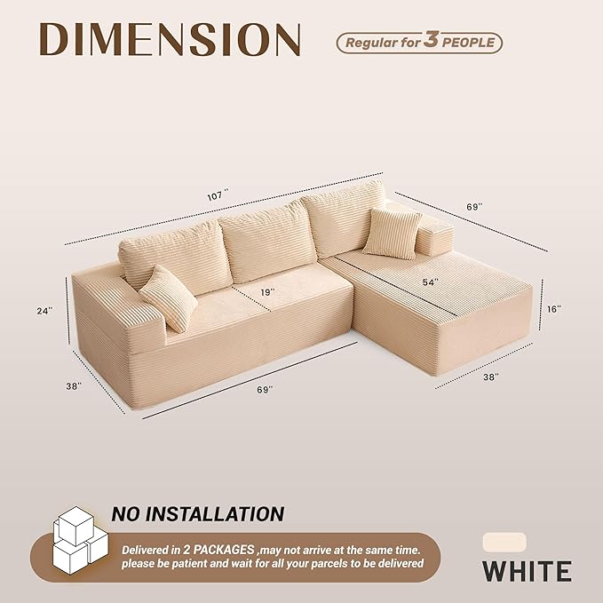 Afuson 107" Boneless Couch with Deep Seat, Modular Sectional Sofa, Cloud Sectional Couch for Living Room, No Assembly Required, Corduroy, L-Shape Right, White