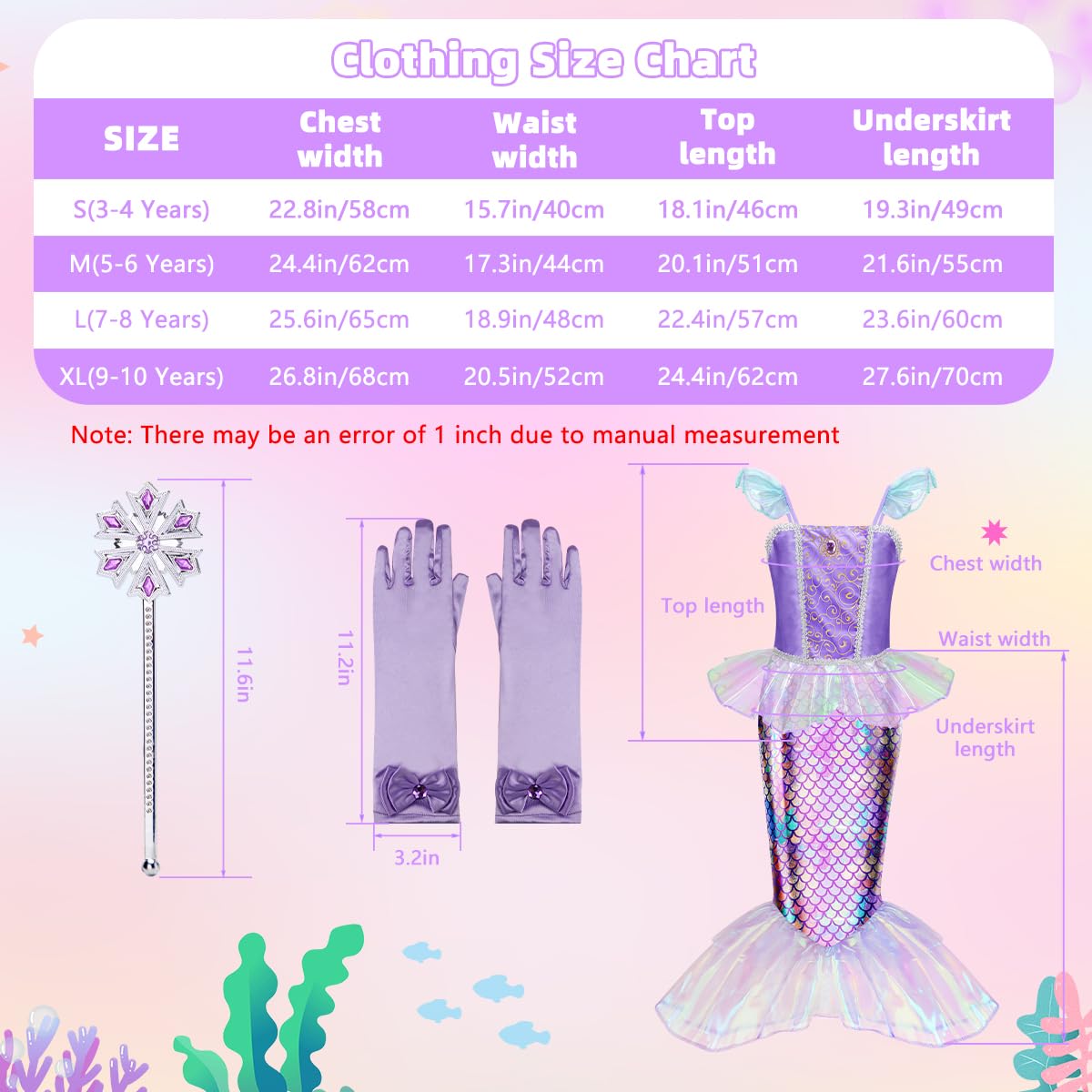 Meland Princess Dress Up for Girls - Mermaid Dress Costumes for Girls with Wig, Girl Mermaid Toys Birthday Gift for Girl 3-8