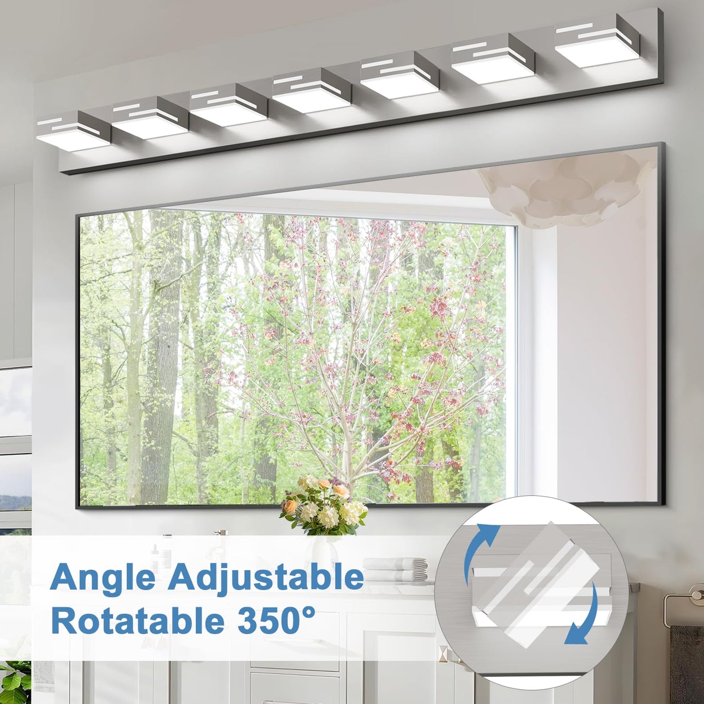 LKHF LED Modern Bathroom Vanity Light Fixtures, 7-Light 48-inch Dimmable Brushed Nickel Vanity Lights for Bathroom Lighting Fixtures Over Mirror, with 350° Rotatable Acrylic Heads (Cool White 6000K)