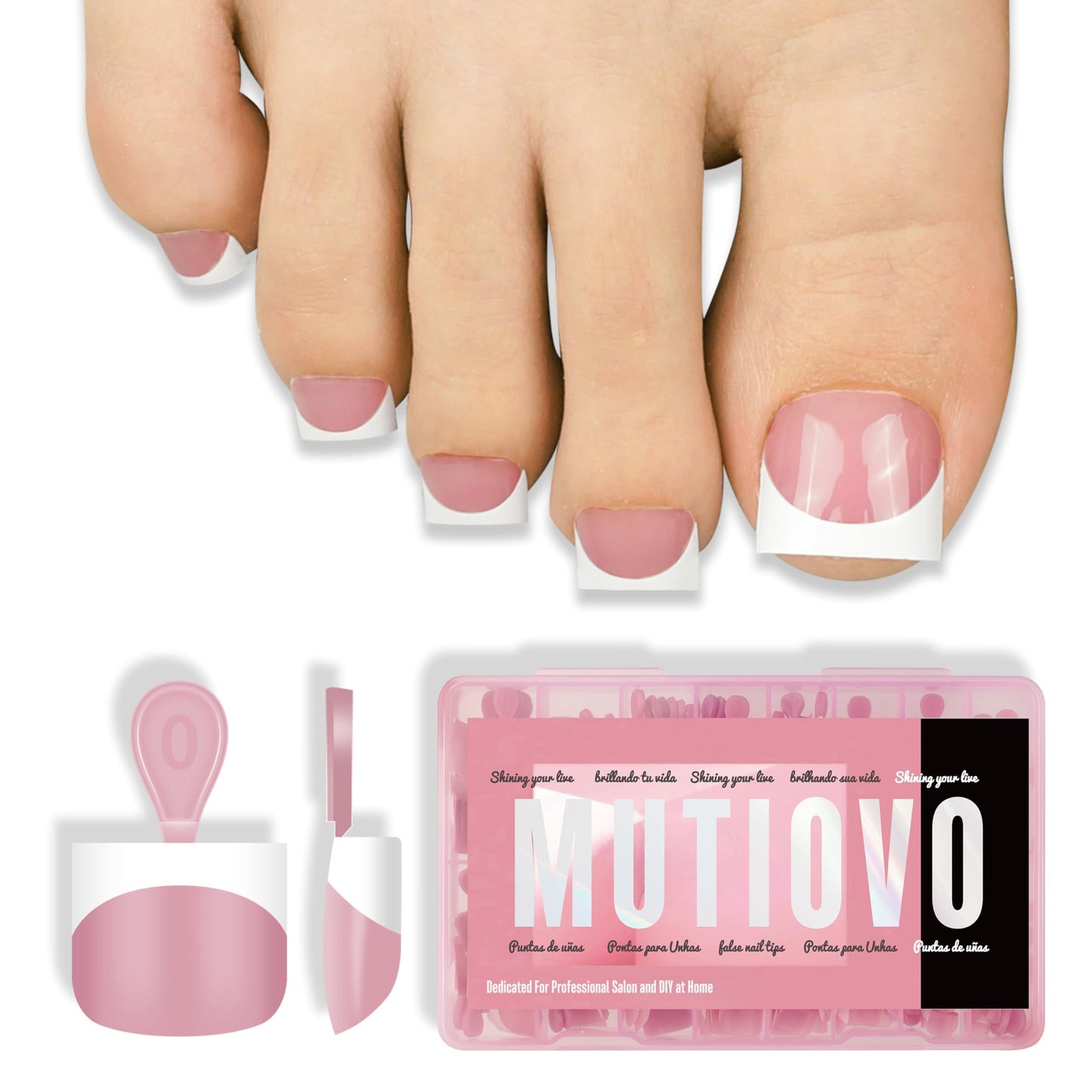 MUTIOVO Extra Short Toe Nail White French Tip BERRY PINK,Soft Gel False Toenail Extension Kit,Thick Sharp Square Press On,Need B