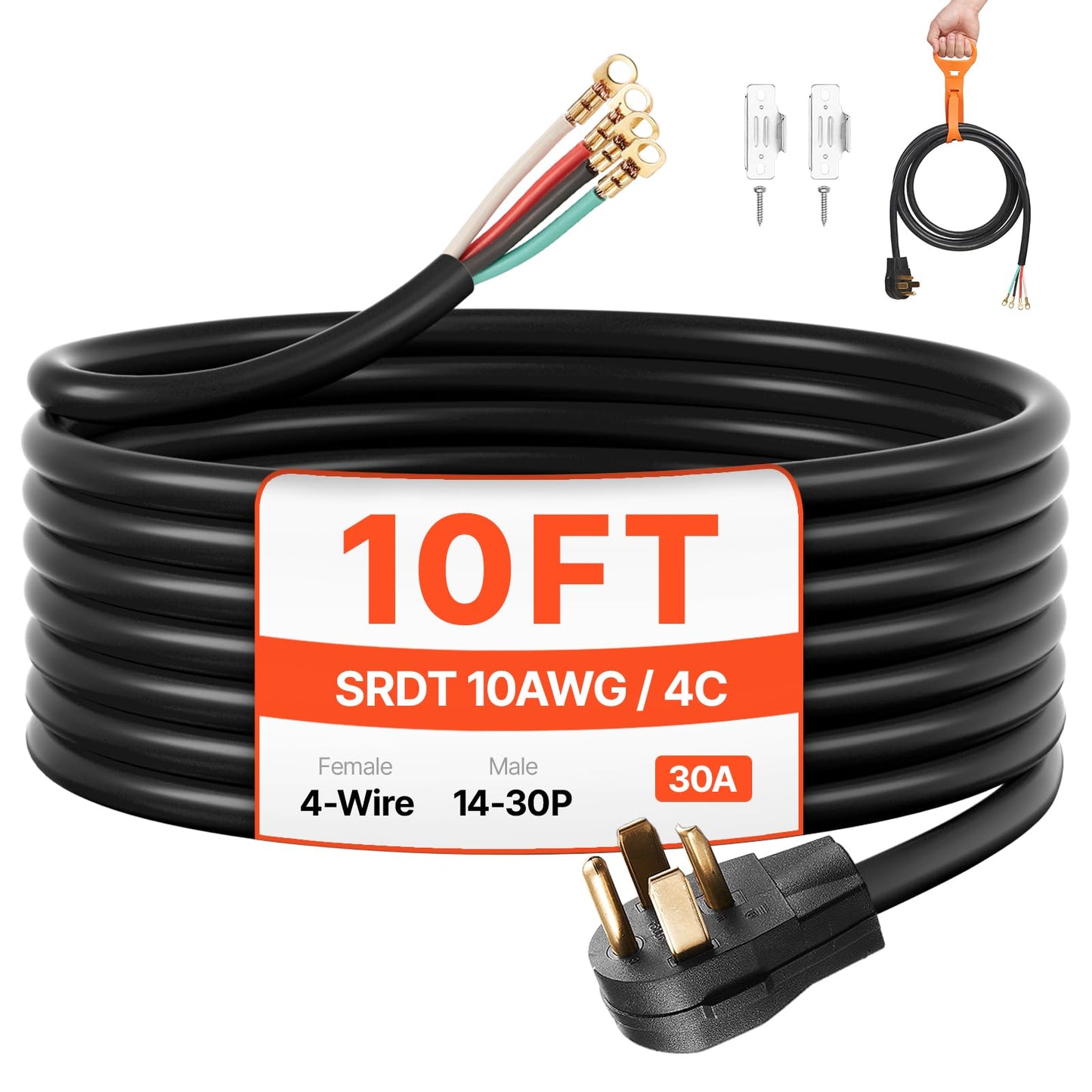 Vevor 10 Ft Dryer Power Cord, 4-Prong Nema 14-30P Appliance Dryer Cord With Eyelet Connectors, 125V/250V, Sdrt 10Awg/4C, 30A, Pu