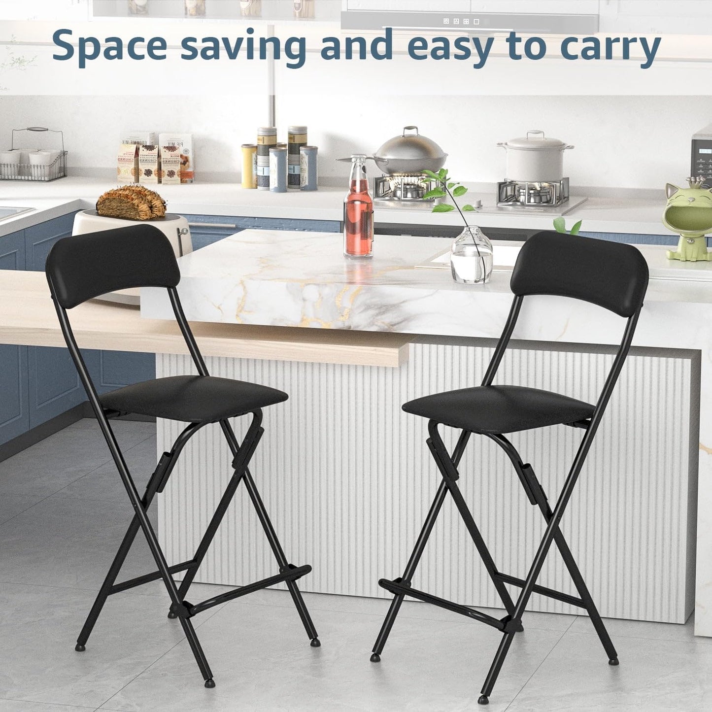 V&LX Folding Bar Stool with Backrest Leather Padded Portable Folding Stool Chair Counter Height Foldable Collapsible Stool for Kitchen Bar 2 Pack (Black, 25" H 2Pack)