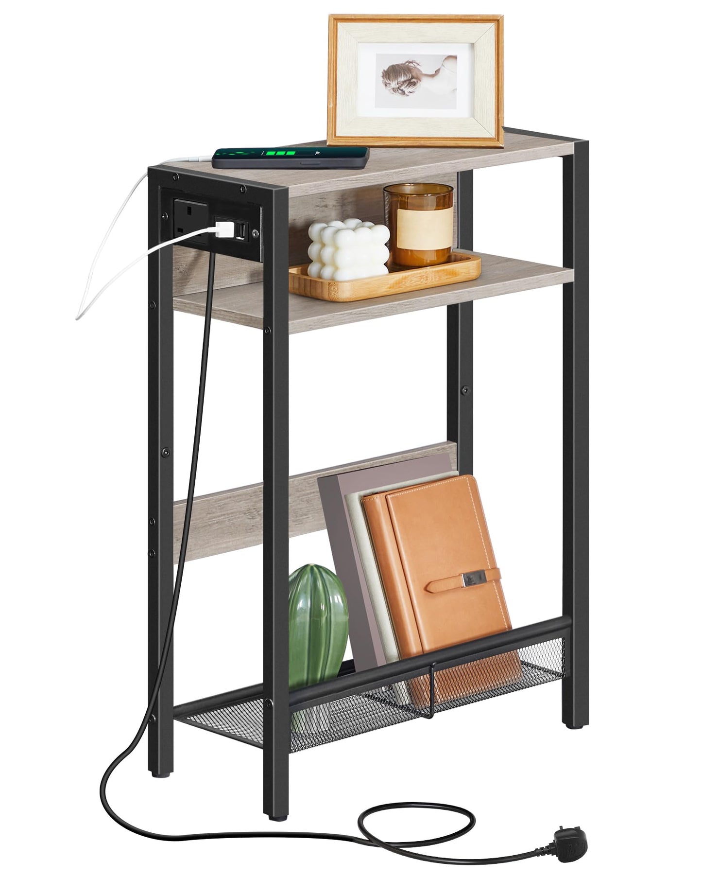 CHOEZON Side Table with Charging Station, Narrow End Table, Slim Nightstand for Small Space, Skinny Beside Table with Storage, for Living Room, Bedroom, Greige and Black DTBZ05KBH