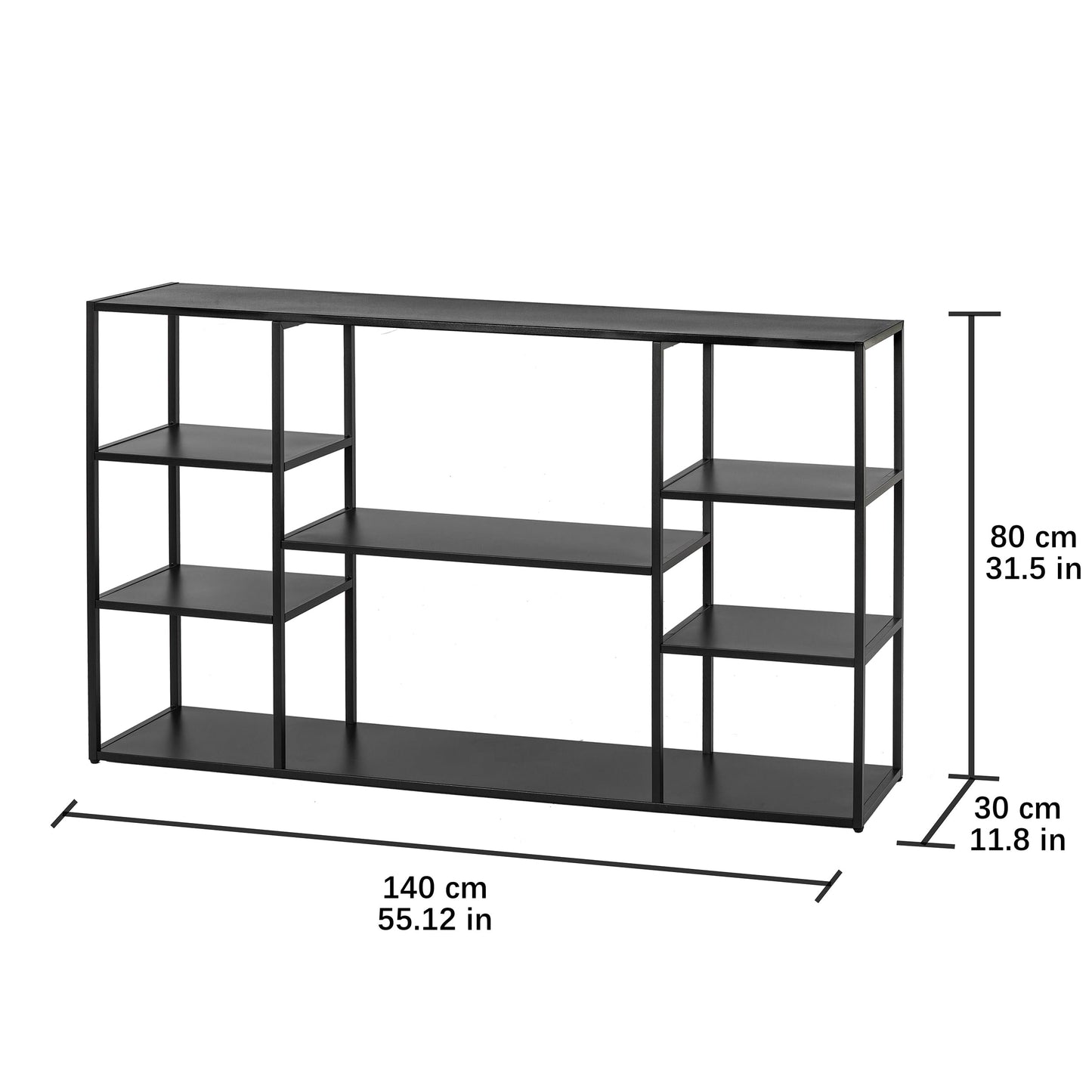 Leinade 55 Inch Metal Console Table with 8 Storage Shelves,Extra Long Entryway Table,Narrow Sofa Table,Hallway Table for Entrances to Corridor, Foyer,Living Room (Black, 55.12×11.81×31.5in)
