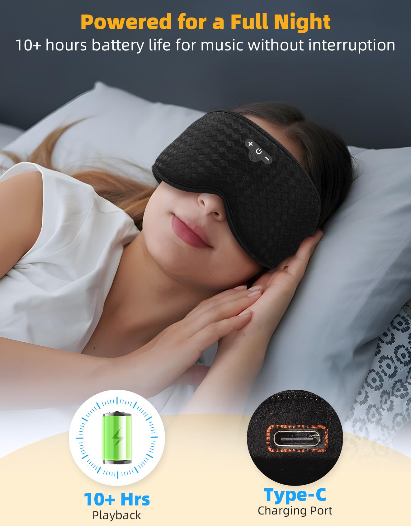Mixiba 3D Contoured Sleep Mask with Bluetooth Headphones, Adjustable Blackout Sleeping Mask, Easy Installation Sleeping Headphones with Ultra-Thin Stereo Speakers for Men, Women - Black