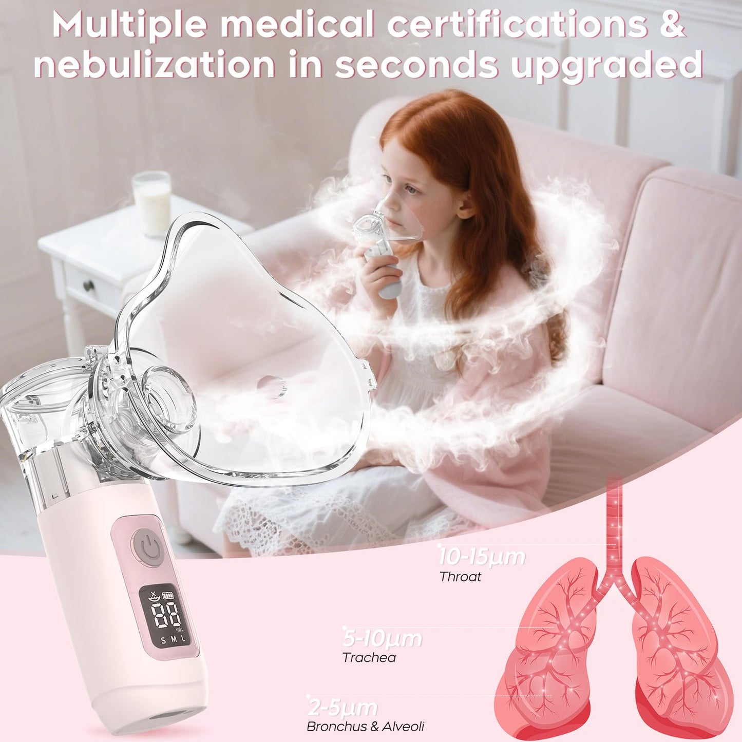 ULTRASONIC Nebulizer, Model NE-520, Smart Digital Display Portable Nebulizer for Adults and Kids, Portable Nebulizer- Rechargeable Nebulizer for Travel and Home Use, Take-Along Nebulizer for Kids