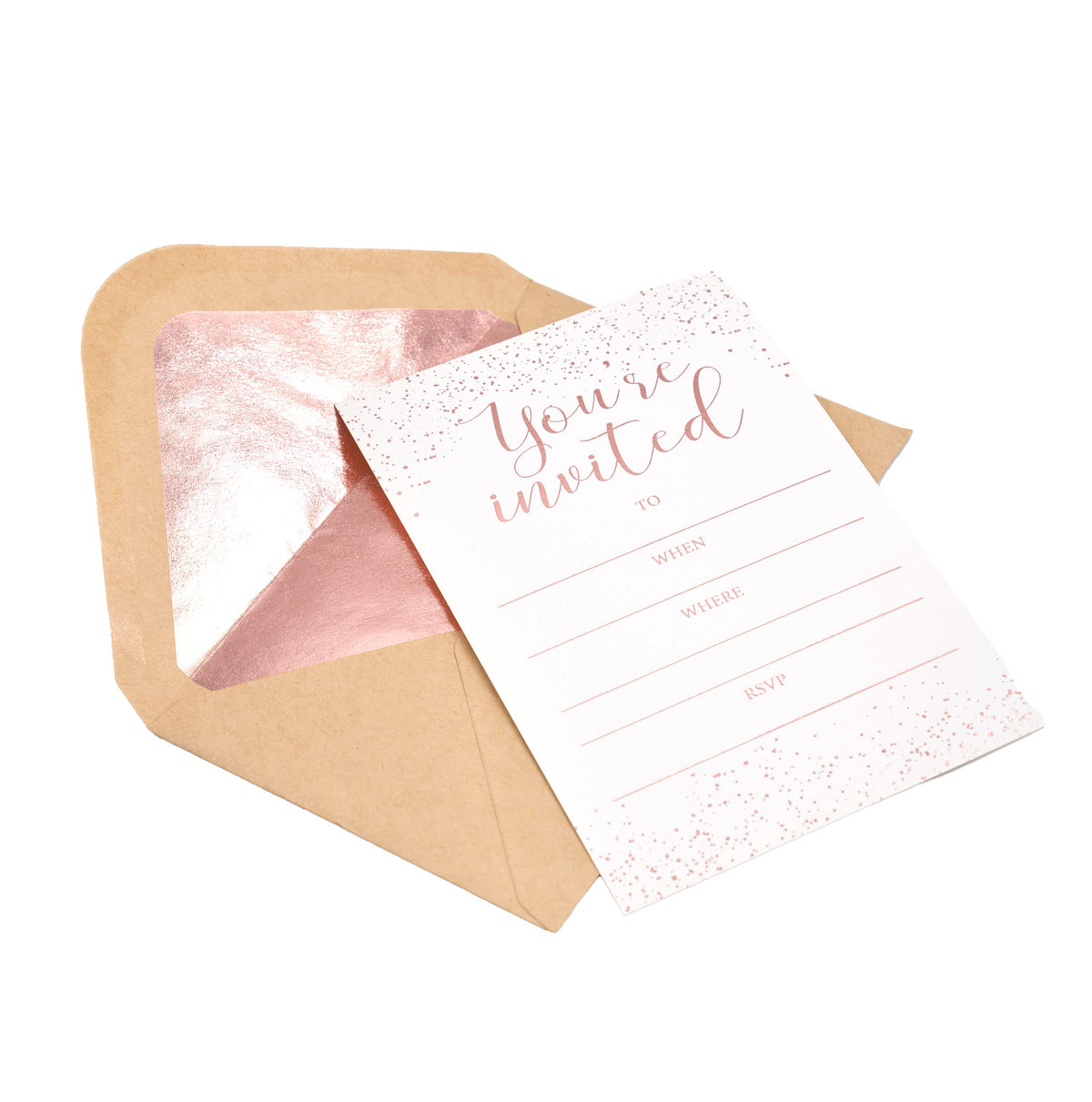 Invitation Cards - 24-Count 4" x 6" White Invitation Cards ‘’You Are Invited’’ in Rose Gold Foil with 26 Foil Kraft Envelopes – Invitation Cards For Wedding, Bridal Shower, Baby Shower, Birthday