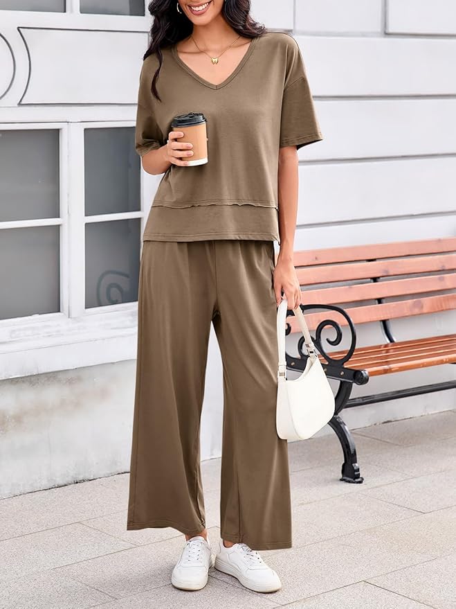 Tankaneo Womens 2 Piece Sets Casual Tracksuits Short Sleeve Tops Wide Leg Pants Outfits Lounge Sets