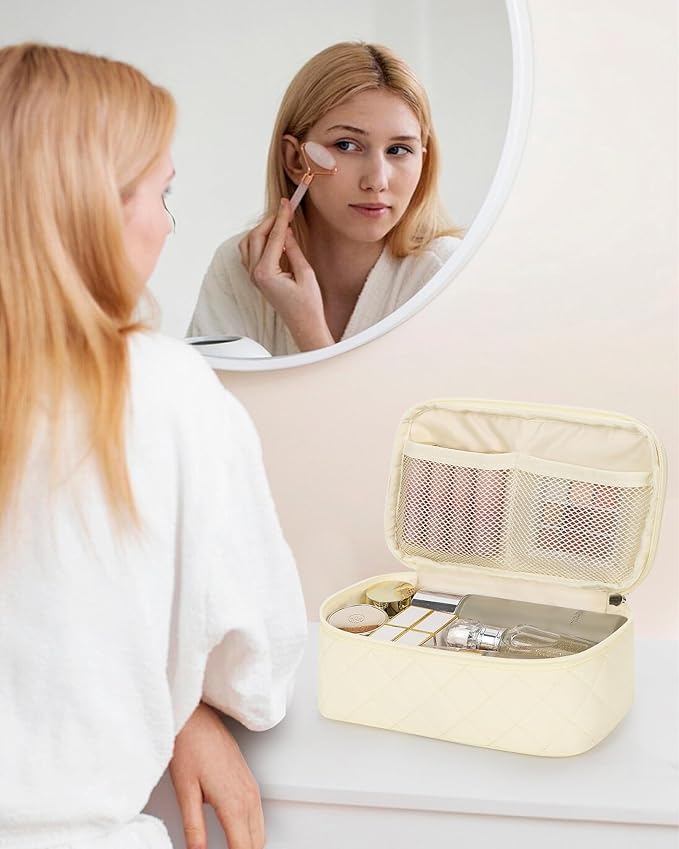 Relavel Travel Makeup Bag, Small Cosmetic Bag with Makeup Brush Compartment, Double Layer Makeup Organizer Bag, Portable Toiletry Bag Makeup Pouch for Women, White