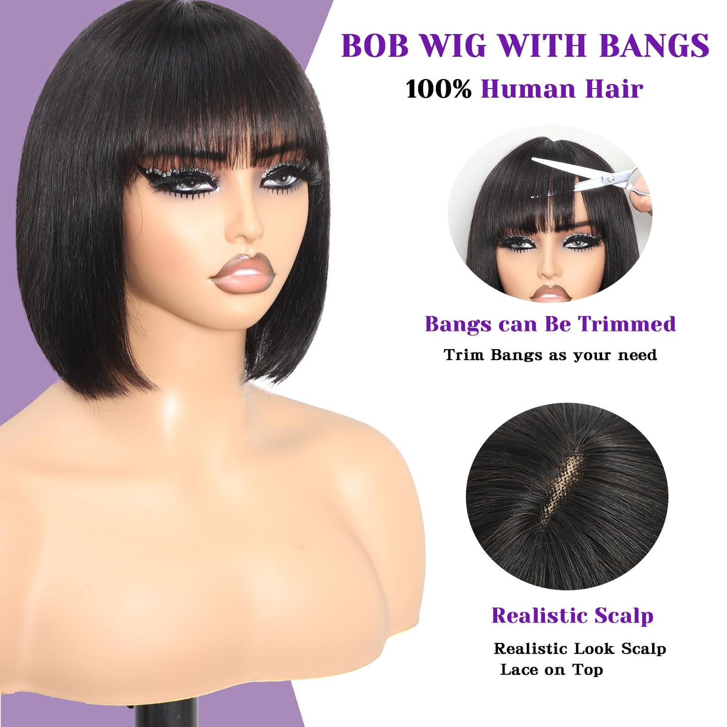 REMESSE Short Bob Wig with Bangs Human Hair Glueless 180% Density Middle Part Upgraded 2x1 Realistic Scalp Lace Wigs Natural Col