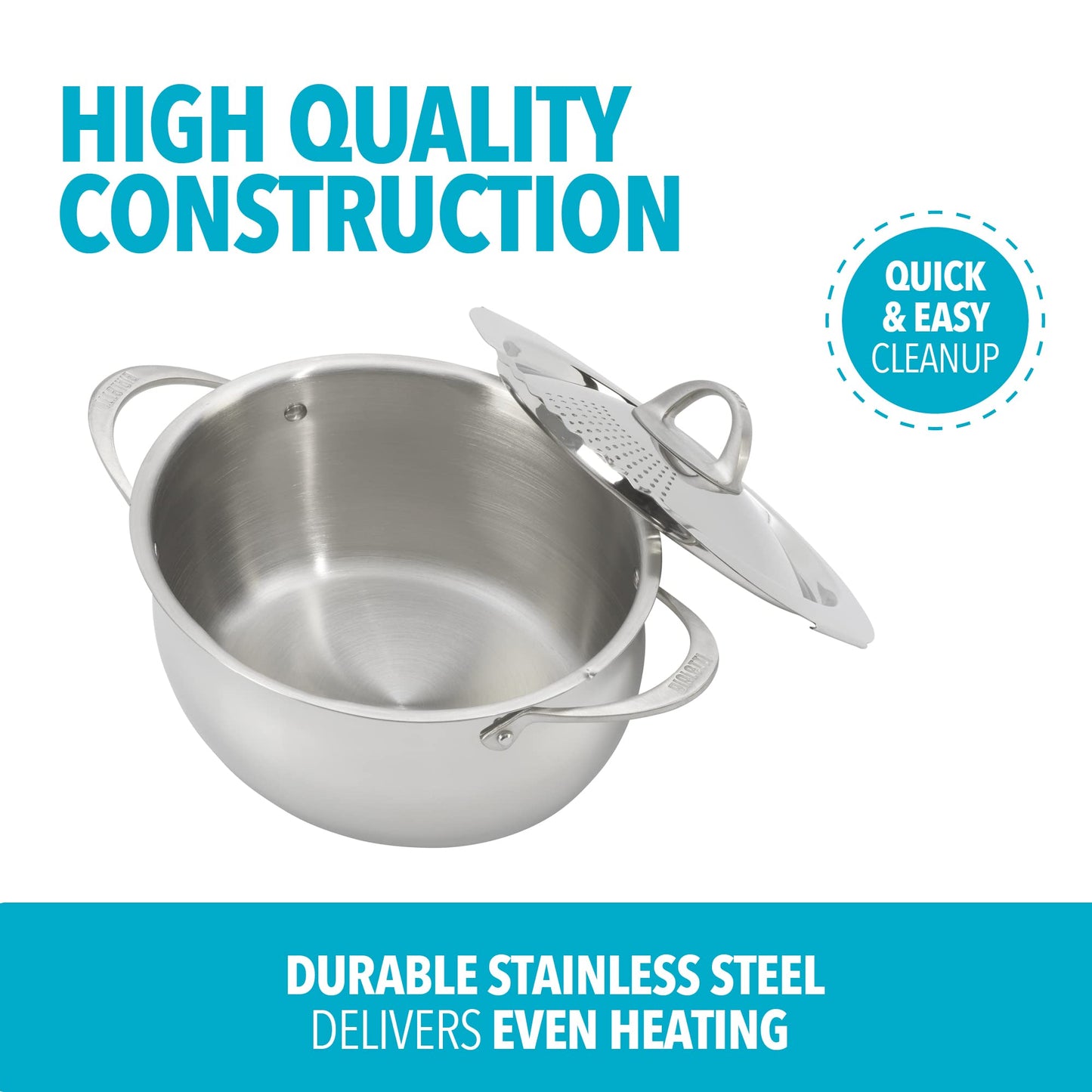 Bialetti 6-Quart Nonstick Aluminum Pasta Pot with Strainer Lid and Handles, PFOA-Free Nonstick Oval Cooking Pot and Lid, Silver