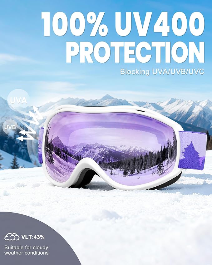 AVV Ski Goggles UV Protection, Anti-Fog Snowboard Snow Goggles OTG for Men Women Adults & Youths