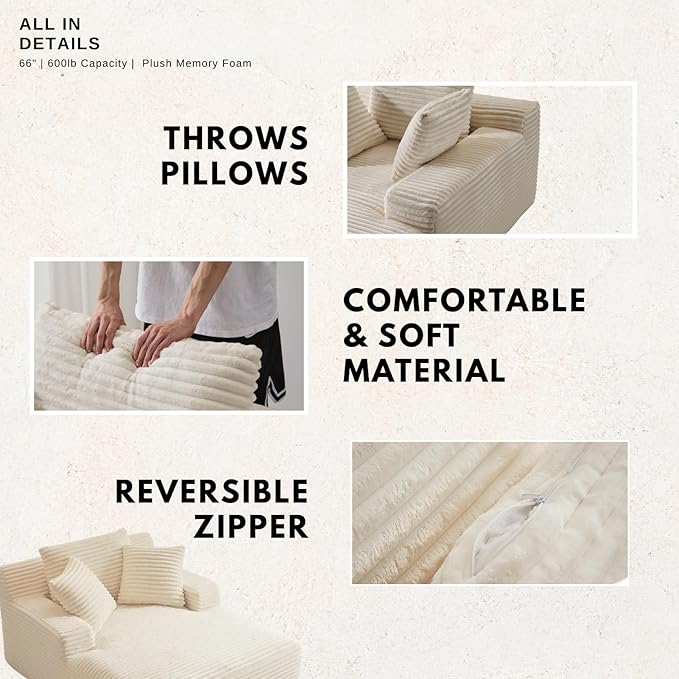 Alpen 66" Oversized Chaise Lounge, Boneless Couch Indoor, Corduroy Couch Boneless Sofa Chair for Reading with Wide Armrest and 3 Throw Pillows, No Assembly Required, White