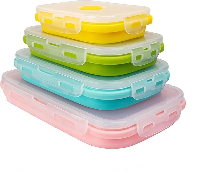 CozyKit Set of 4, Collapsible Silicone Food Storage Container, Leftover Meal Box for Kitchen, Lunch Boxes with Clip-on Li...