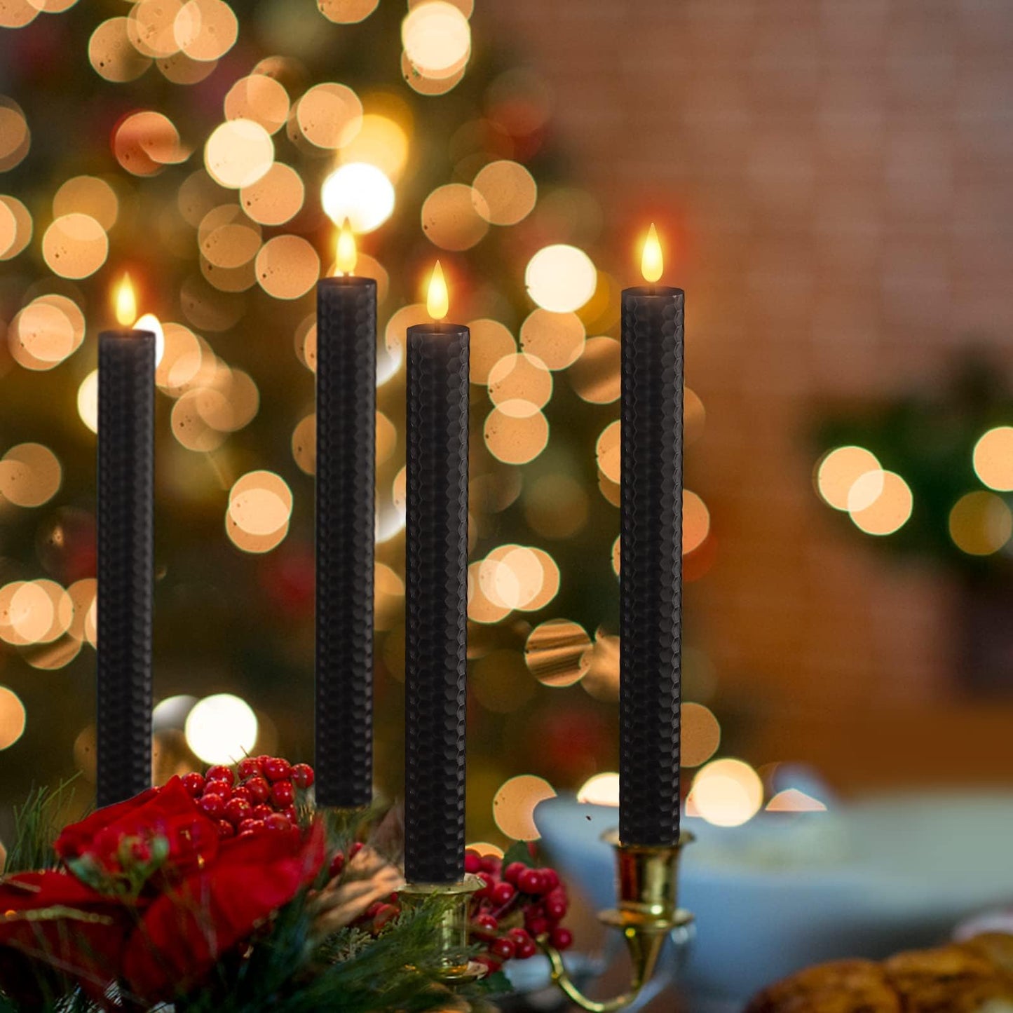 SoulBay Black Flameless Taper Candles, 9.7" Battery Operated Real Wax Honeycomb LED Window Candle Sticks with Remote & Timer, Flickering Realistic Bright Lights for Table Halloween Decorations, 6PCS