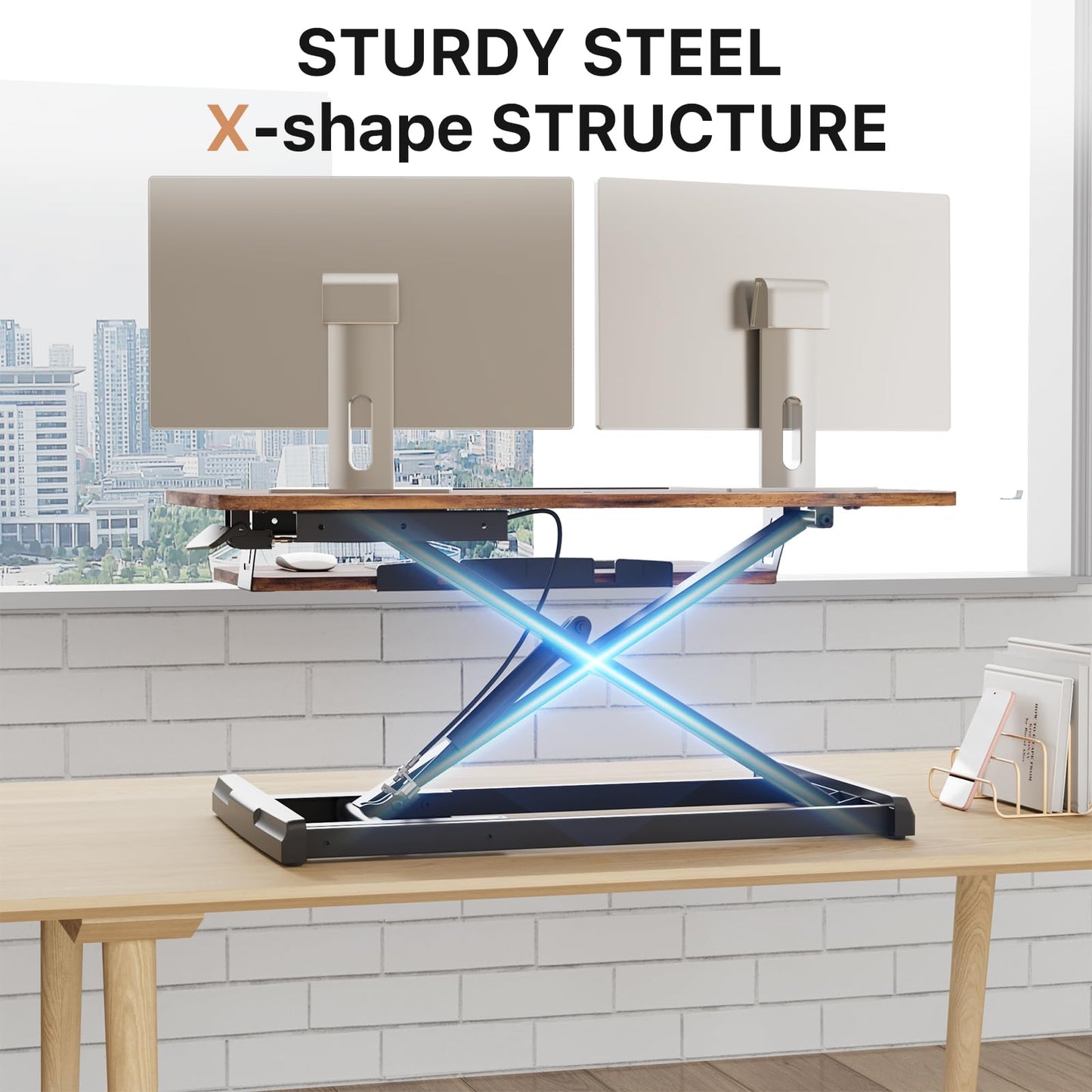 JOY worker Standing Desk Converter, 32" Wide Height Adjustable Sit Stand Up Desk Riser with Keyboard Tray, Desktop Workstation Riser for Home Office Computer Laptop, Particle Board, Rustic