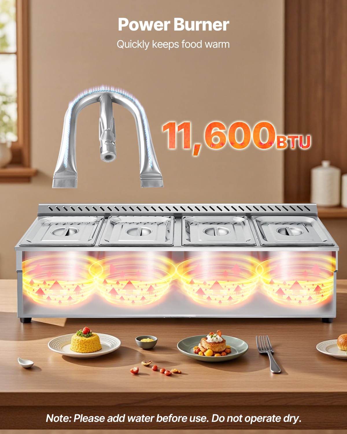 VEVOR 4-Pan Commercial Propane Steam Table, LP Gas Outdoor Soup Warmer with Drain Valve, Stainless Steel Propane Food Warmer with Adjustable Temperature, for Restaurant Party Outdoor Camping