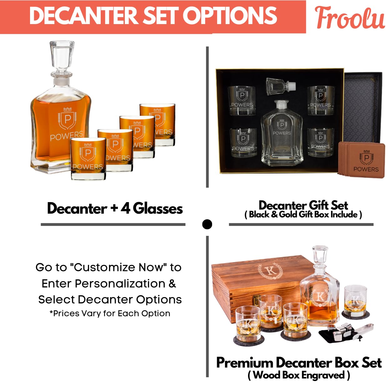 Engraved Liquor Whiskey Decanter Set with Scotch Glasses for Men - 9 Design Options - Personalized Gift Set for Him, Dad - Premium Set Includes Whiskey Stones - Christmas, Valentines - by Froolu