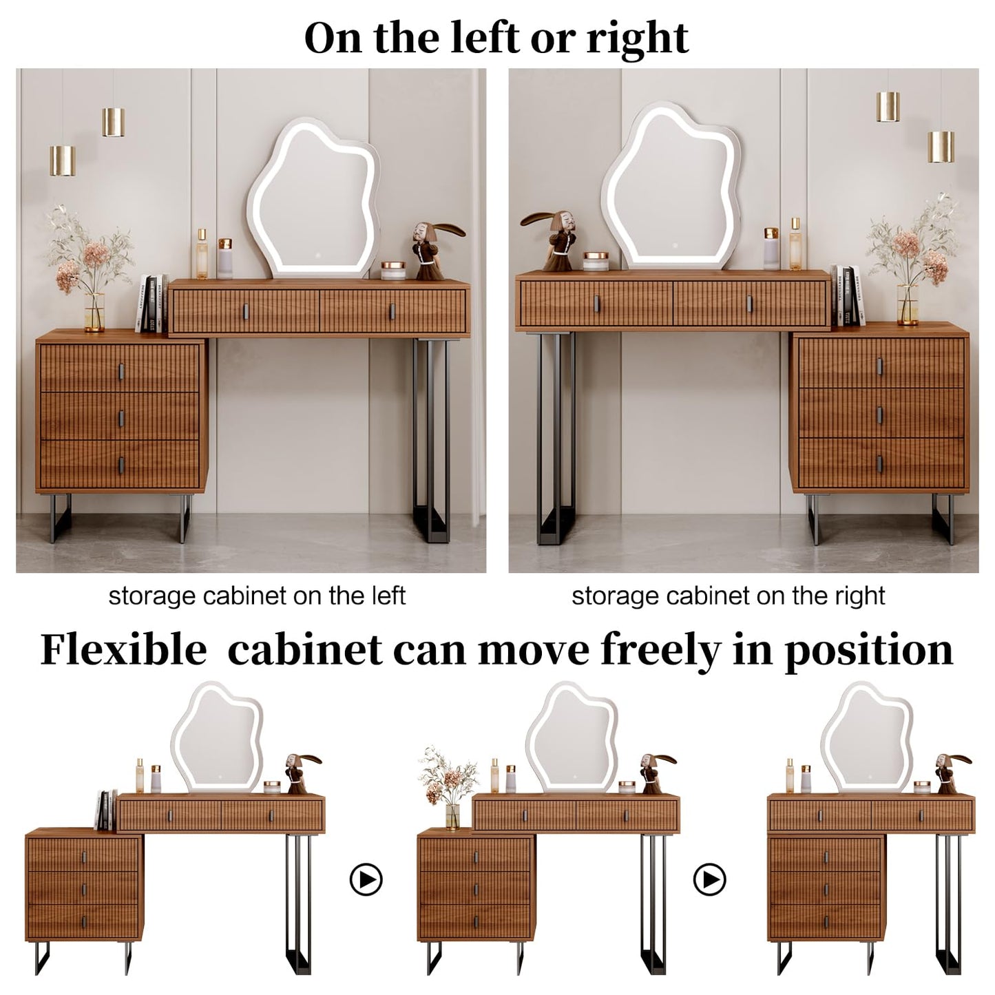 Ieejdn Brown Vanity Desk with Mirror and Lights,Small Makeup Vanity with 5 Drawers，Modern Makeup Table with Adjustable Cabinet for Bedroom,Makeup Room