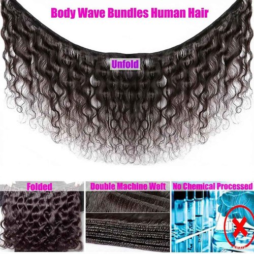 Body Wave Bundles Human Hair 18 20 22 24 Inch Human Hair Bundles 100% Unprocessed Brazilian Virgin Hair Quick Weave Deals Human Hair Extensions for Women Natural Black Color