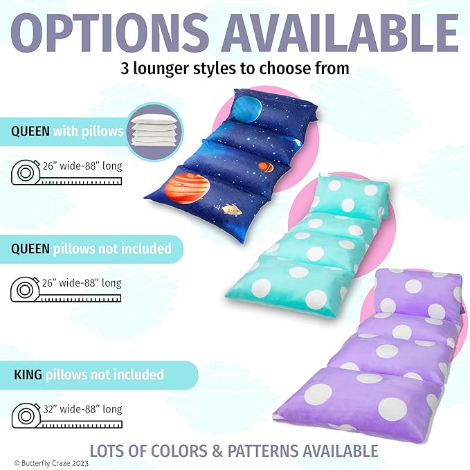 Butterfly Craze Floor Pillow Case - Reading Nook Lounger & Floor Bed - Portable Sleeping Pad for Travel & Camping - 5-Pocket Customizable Design for Ground Cushions - King Size, Cars Blue